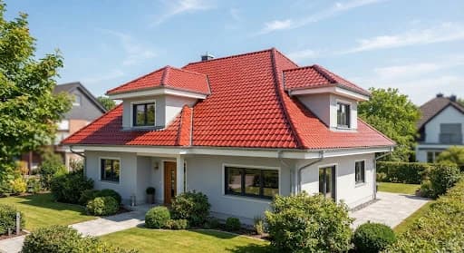 Střecha rodinného domu po renovaci — čistá, sytě červená krytina bez mechu.