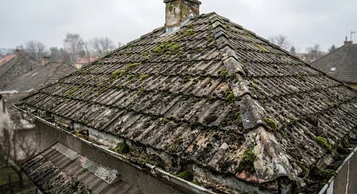 Tatáž střecha před renovací — zarostlá mechem a lišejníkem, zašedlá.